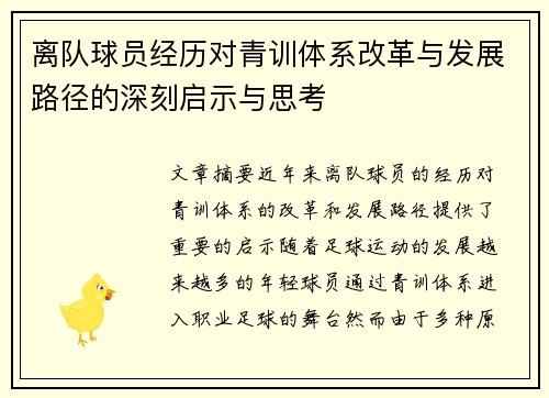 离队球员经历对青训体系改革与发展路径的深刻启示与思考