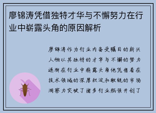 廖锦涛凭借独特才华与不懈努力在行业中崭露头角的原因解析